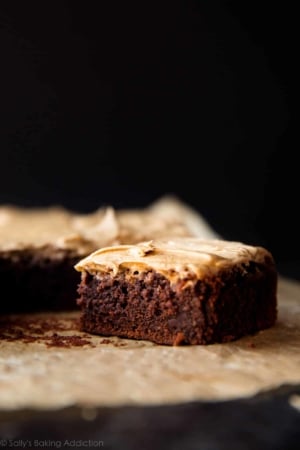 Guinness brownies cut into squares with Guinness frosting