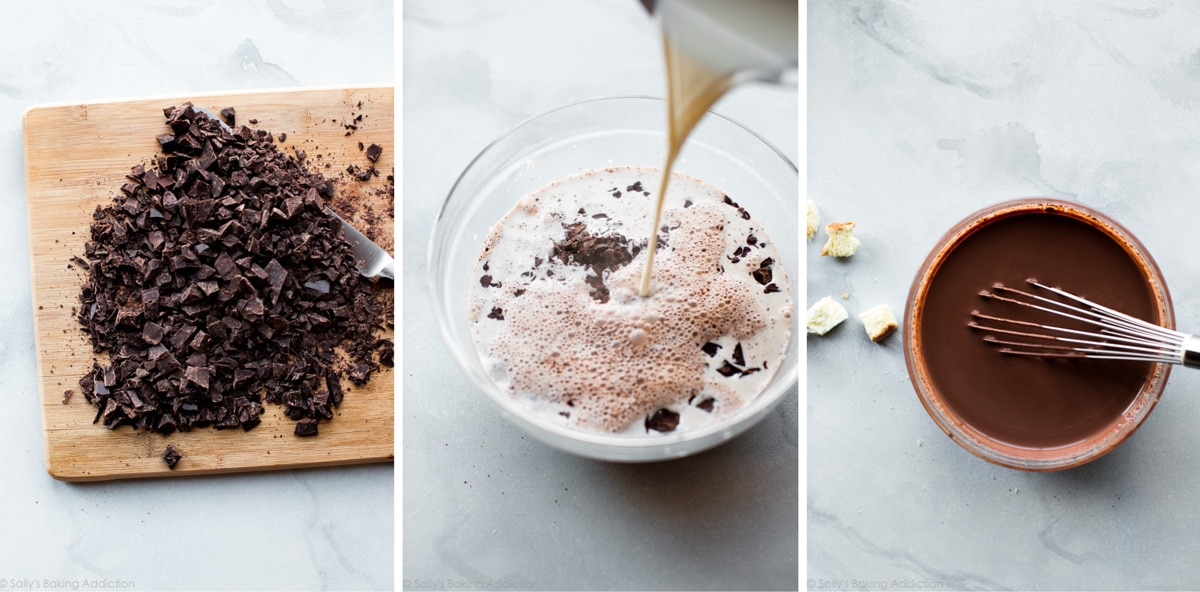 3 images of chopped chocolate on a wood cutting board, adding hot cream to a bowl of chopped chocolate, and dark chocolate custard sauce in a glass bowl