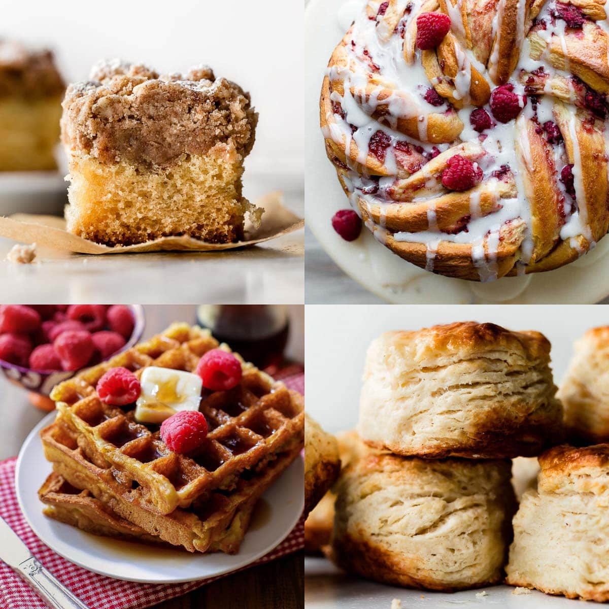 collage of food photos including crumb cake, raspberry twisted bread, waffles, and biscuits