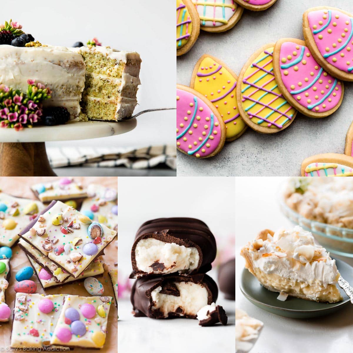 collage of Easter desserts including pistachio cake, Easter egg sugar cookies, candy bark, buttercream eggs and coconut cream pie
