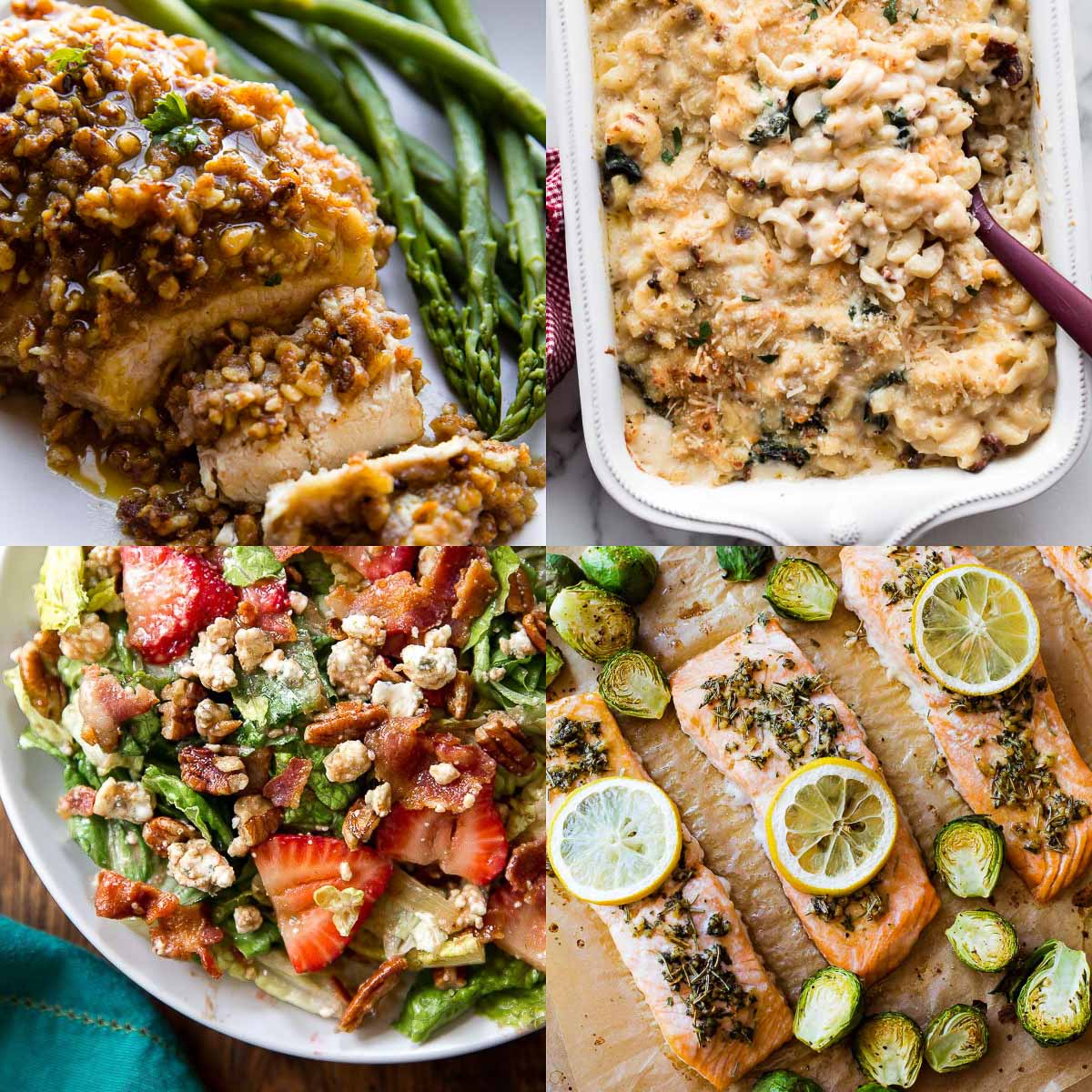 collage of dinner photos including walnut chicken, mac and cheese, spinach and bacon salad, and lemon salmon