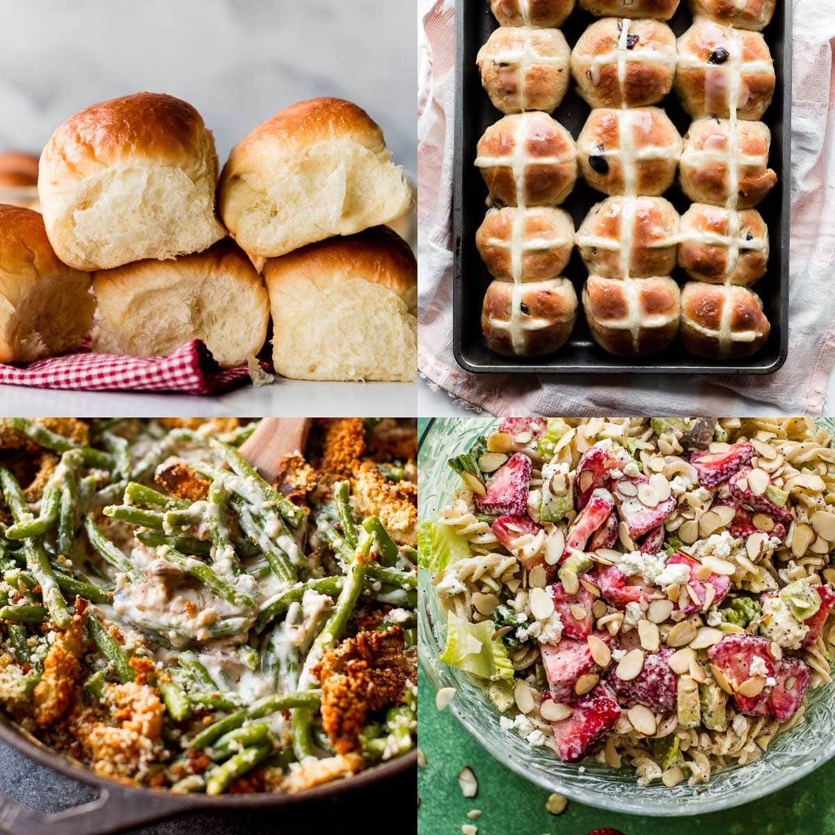 collage of side dish photos including dinner rolls, hot cross buns, green bean casserole, and strawberry pasta salad