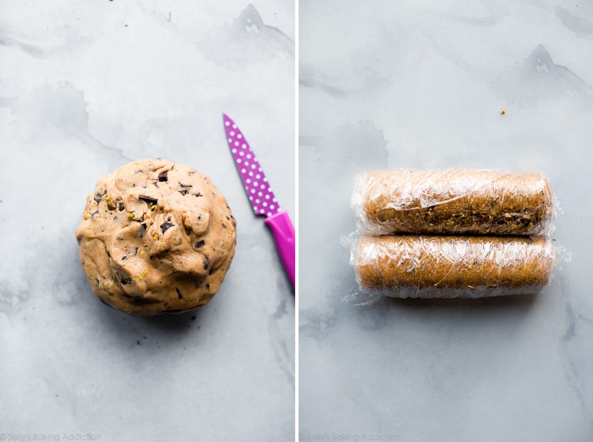 2 images of cookie dough formed into a ball and 2 logs of cookie dough wrapped in plastic wrap
