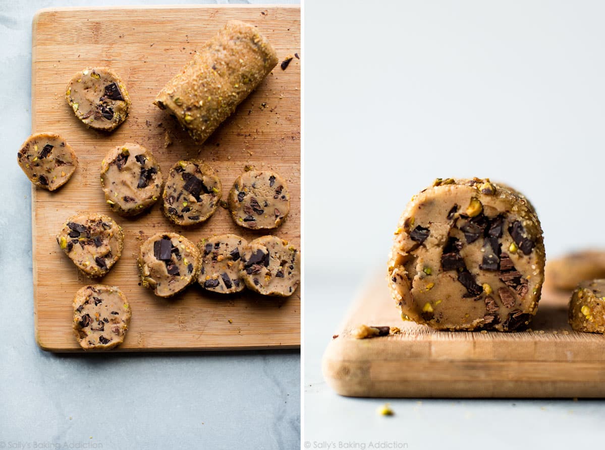 2 images of sliced cookie dough and a cookie dough log