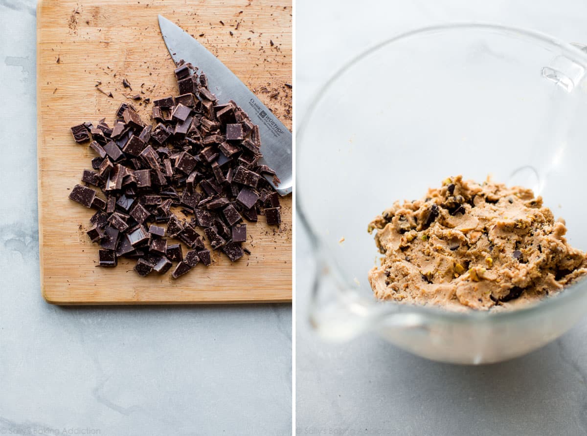2 images of chopped chocolate on a cutting board and cookie dough in a glass bowl