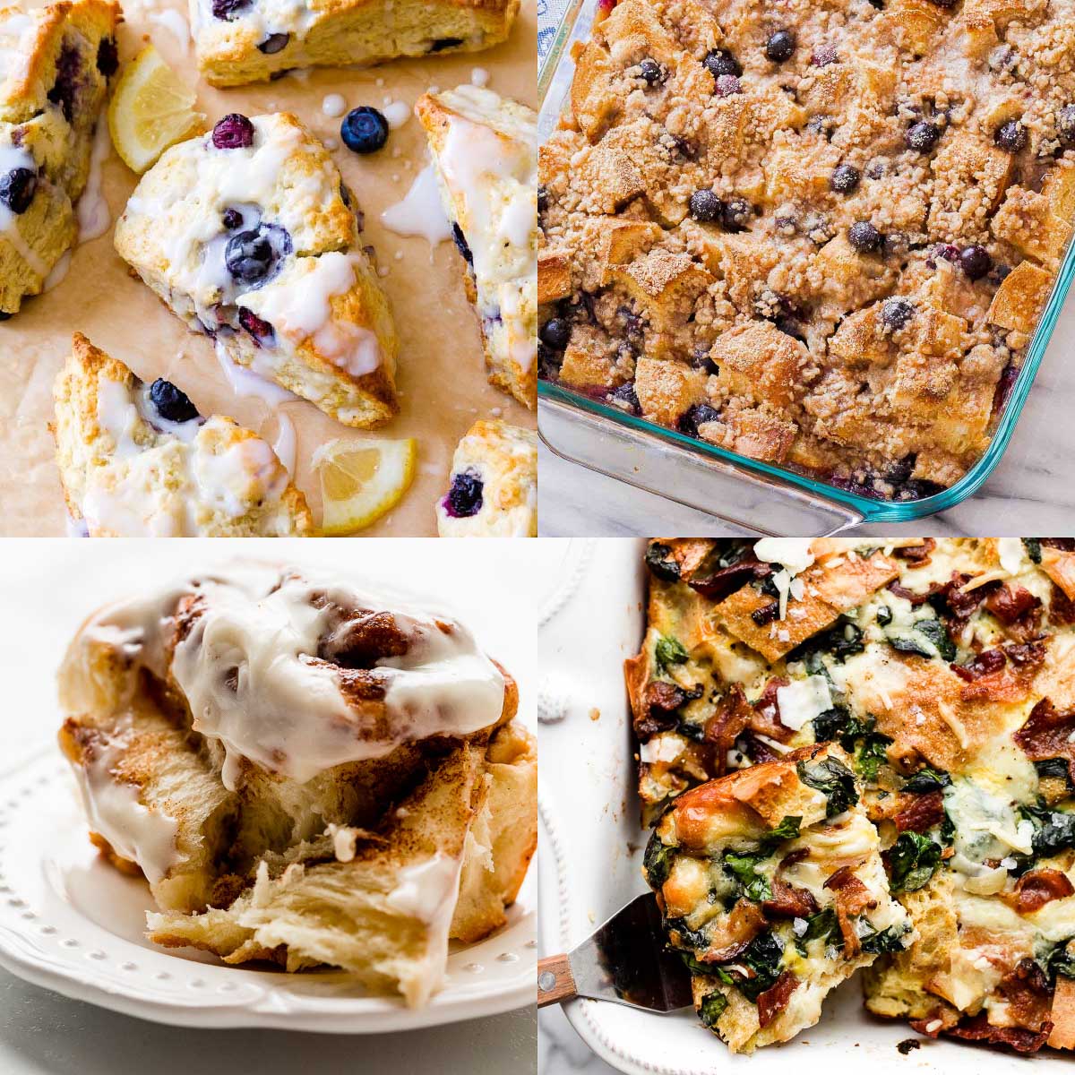 collage of Easter brunch food photos including scones, french toast casserole, strata, and cinnamon rolls