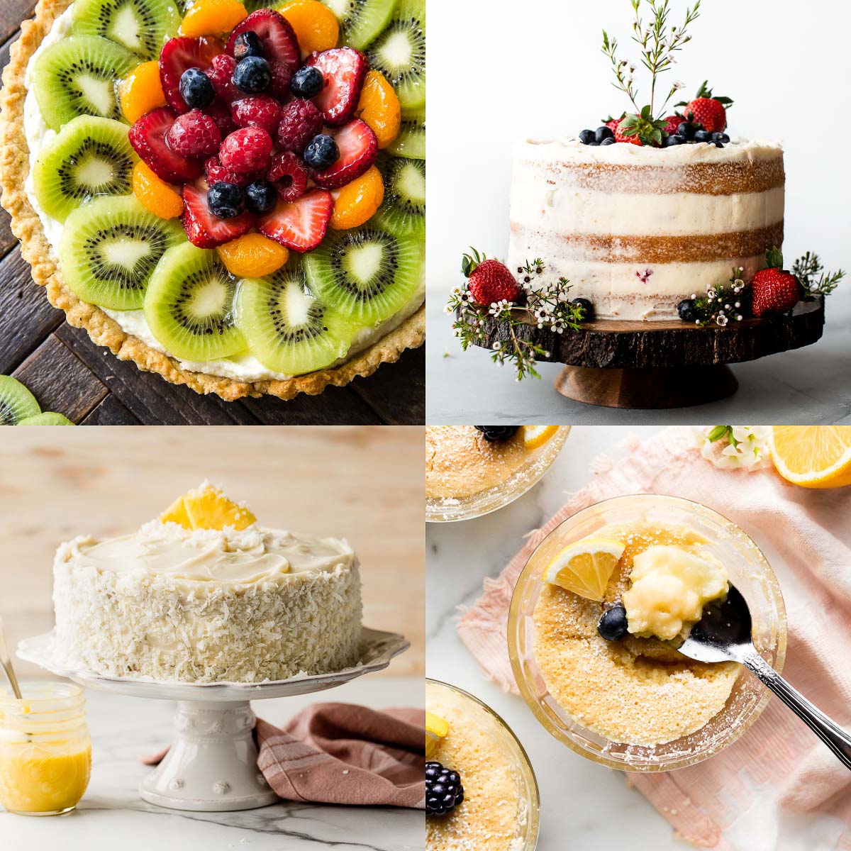 collage of dessert photos including fruit tart, naked cake, pineapple coconut cake, and lemon pudding cakes