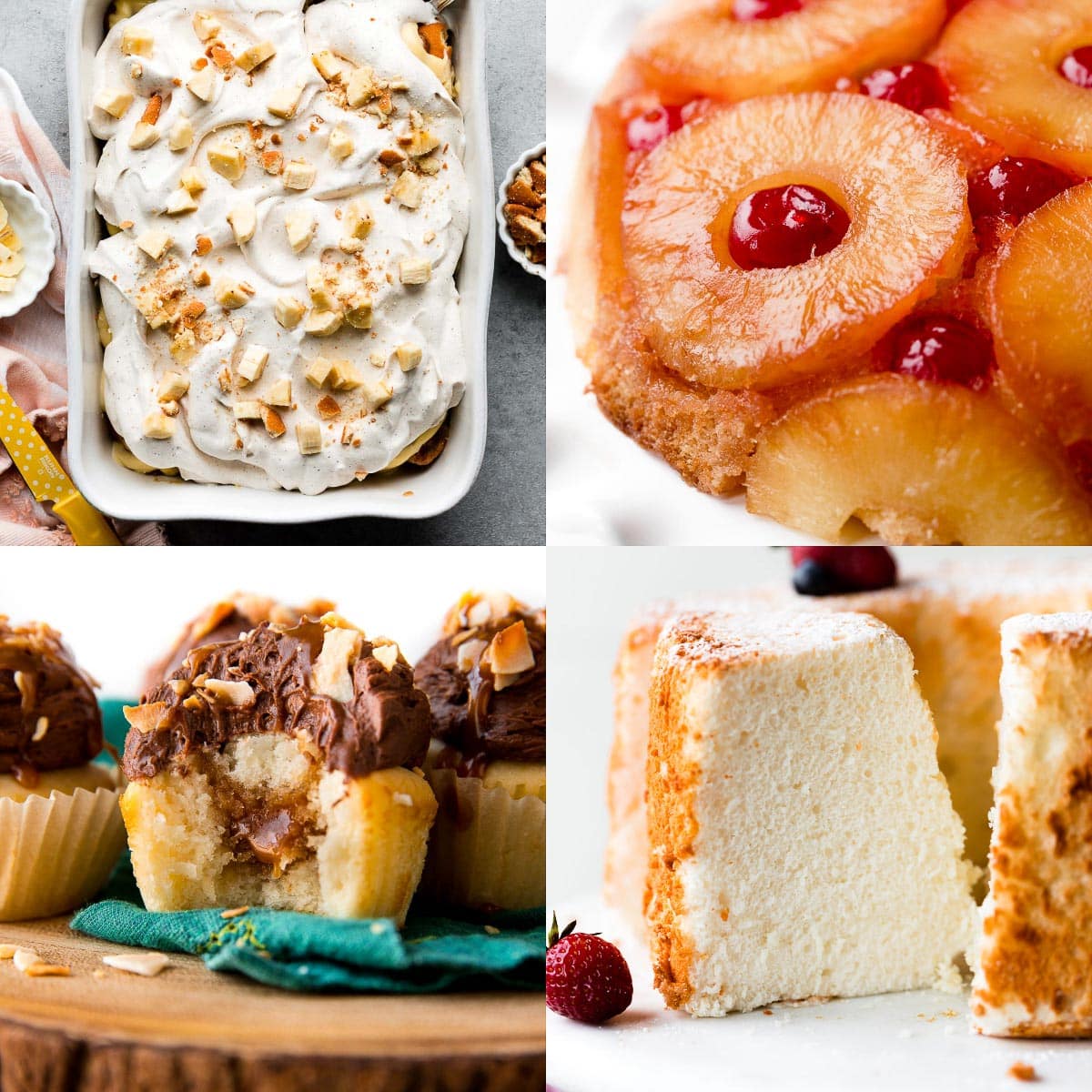 collage of dessert photos including banana pudding, pineapple upside down cake, coconut cupcakes, and angel food cake