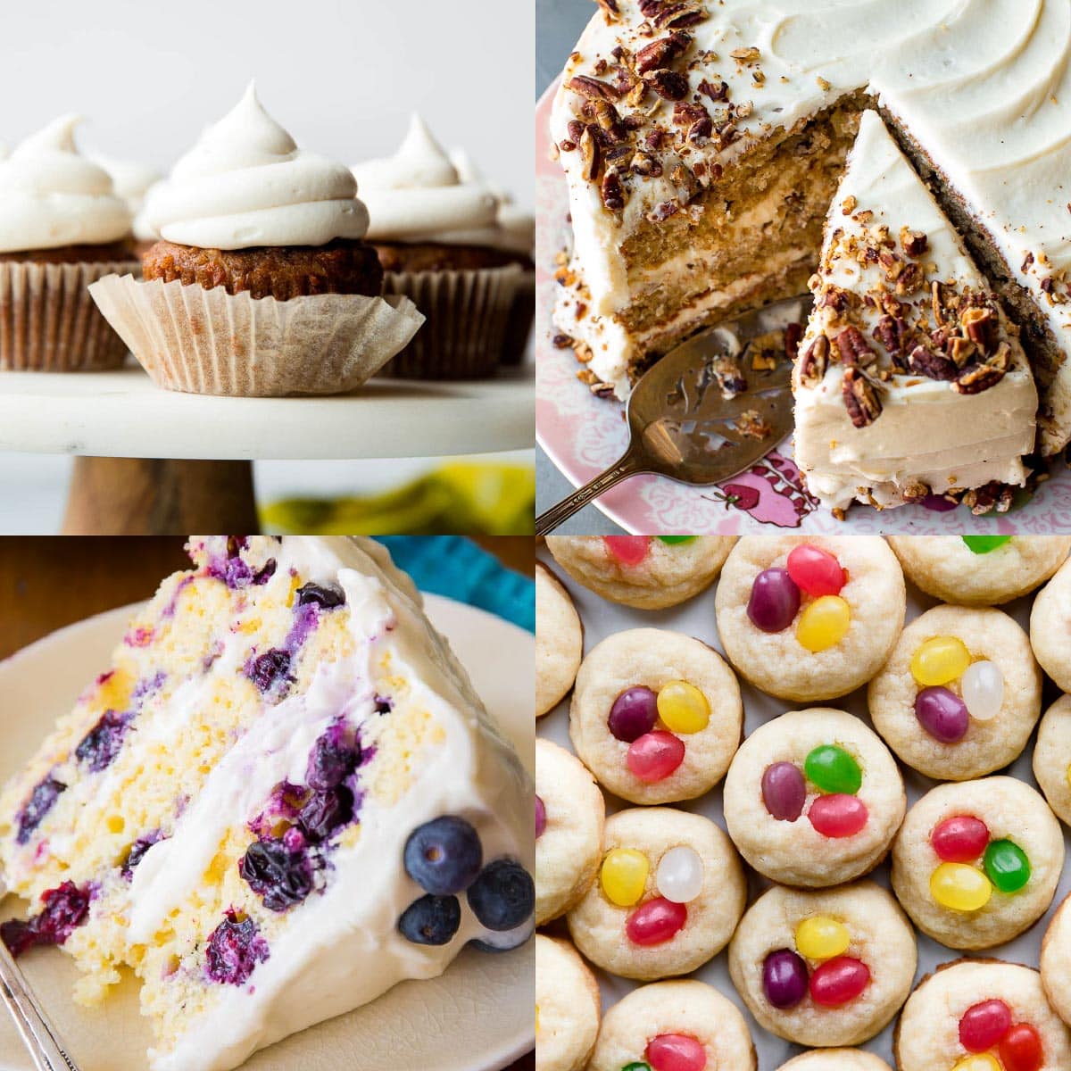 collage of dessert photos including carrot cake cupcakes, hummingbird cake, lemon blueberry cake, and jellybean cookies