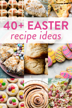 collage photo of Easter recipes including coconut cream pie, quiche, biscuits, and Easter egg cookies
