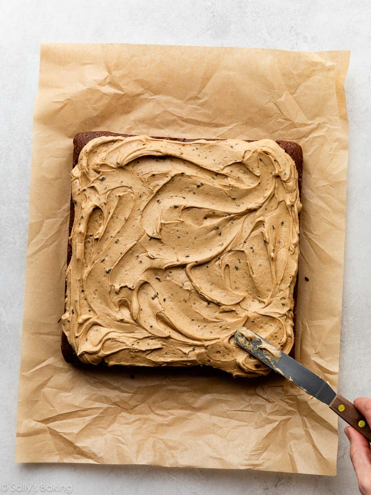 brown espresso frosting on brownies.