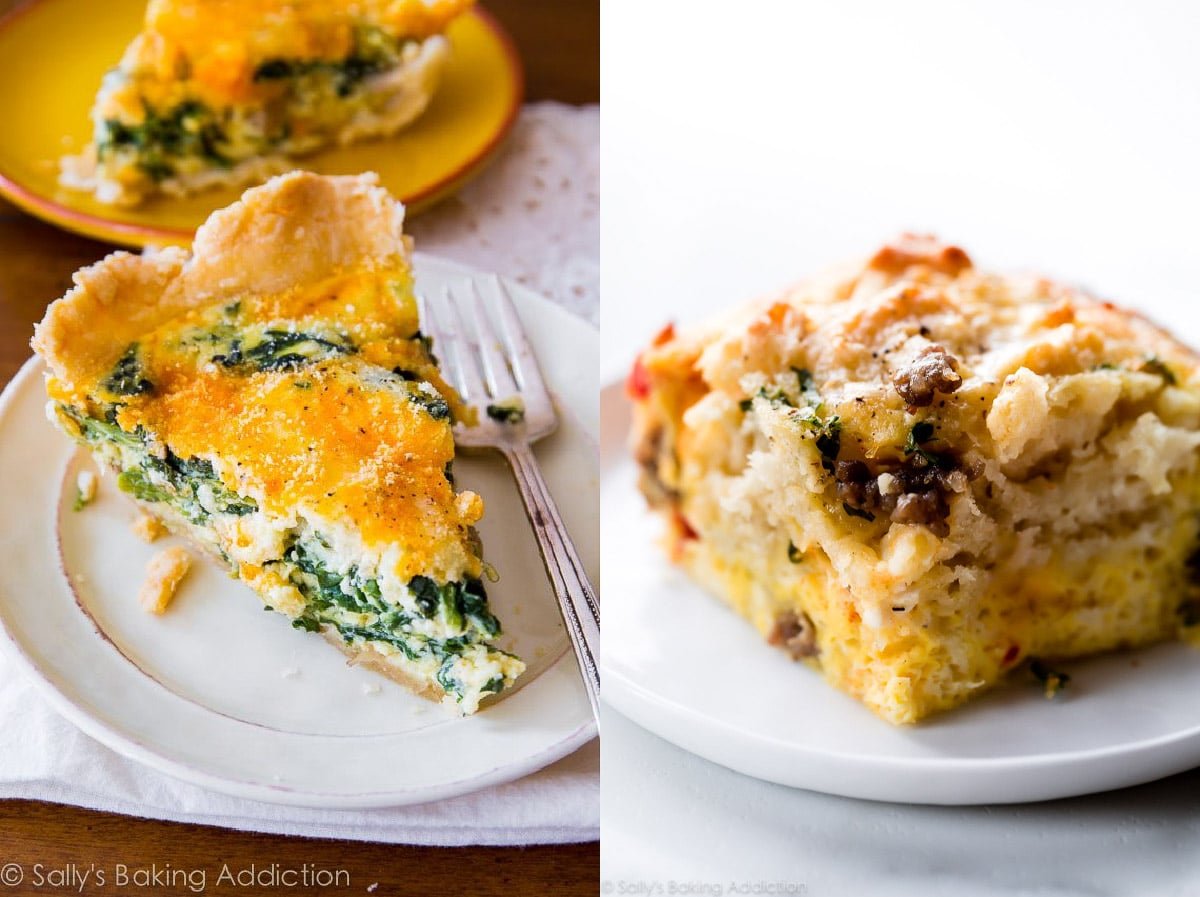 side-by-side photos of a spinach quiche and biscuit egg casserole