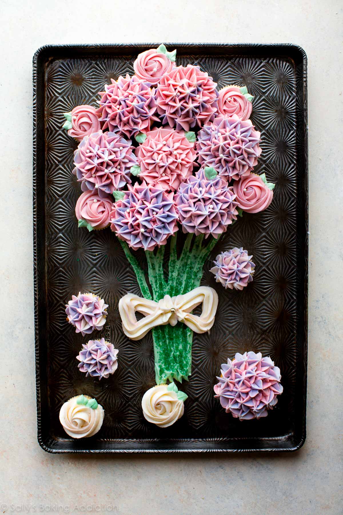 cupcake bouquet on a baking sheet