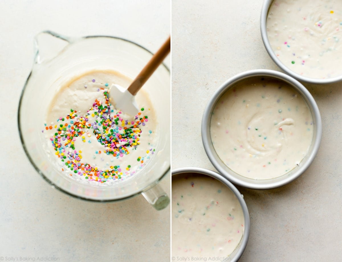 2 images of sprinkle cake batter in a glass mixing bowl and cake batter in 3 6 inch cake pans before baking