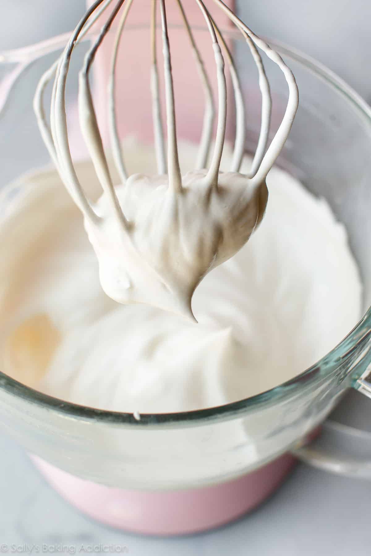 whipped egg whites in a stand mixer with whisk attachment