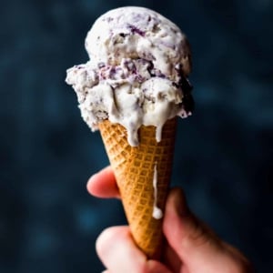 No churn blueberry crumble ice cream in ice cream cone