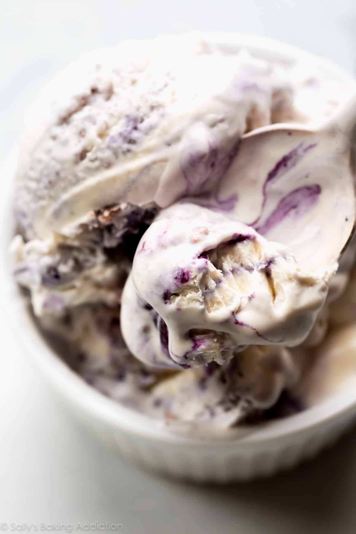 blueberry crumble ice cream in a white bowl