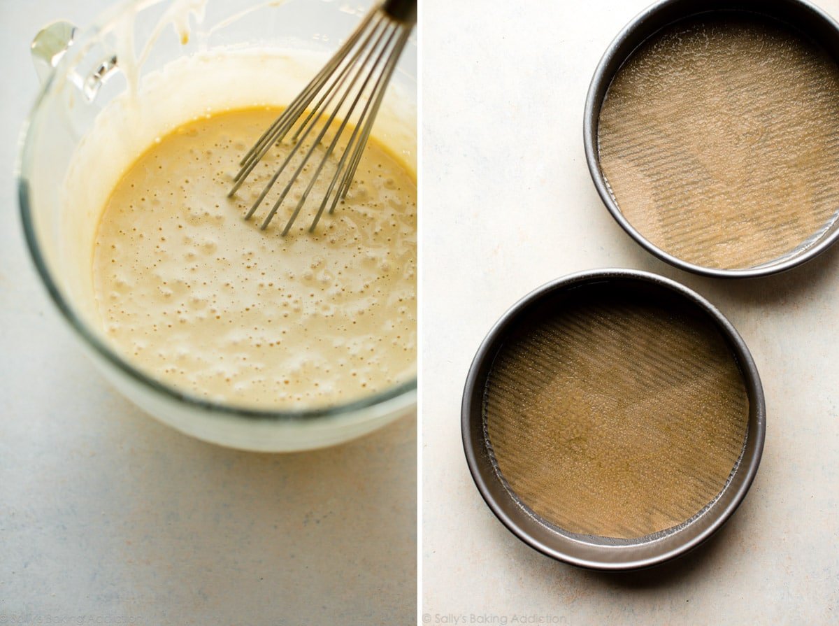 2 images of cake batter and prepared cake pans