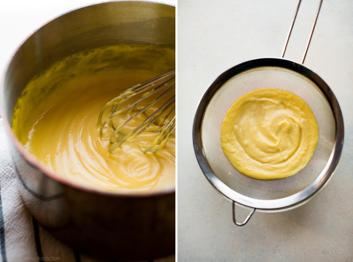 2 images of Boston cream pie pastry cream in a saucepan and in a sieve