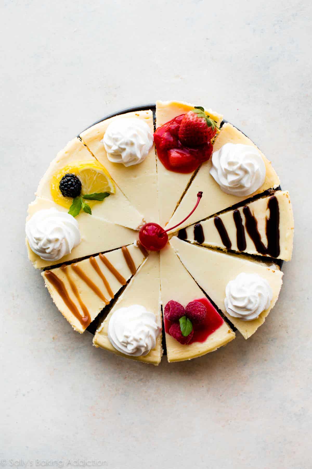 overhead image of slices of cheesecake with various toppings