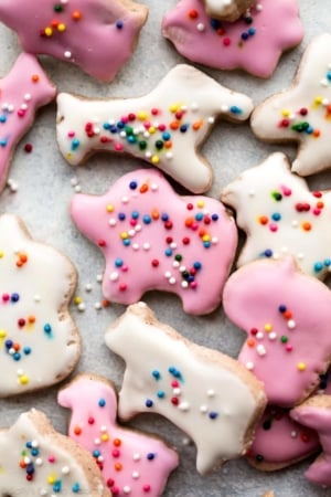 animal cracker cookies with icing and sprinkles