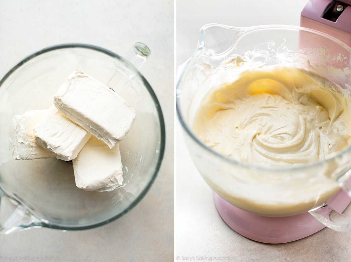 2 images of cream cheese blocks in a glass bowl and cheesecake filling in a glass stand mixer bowl