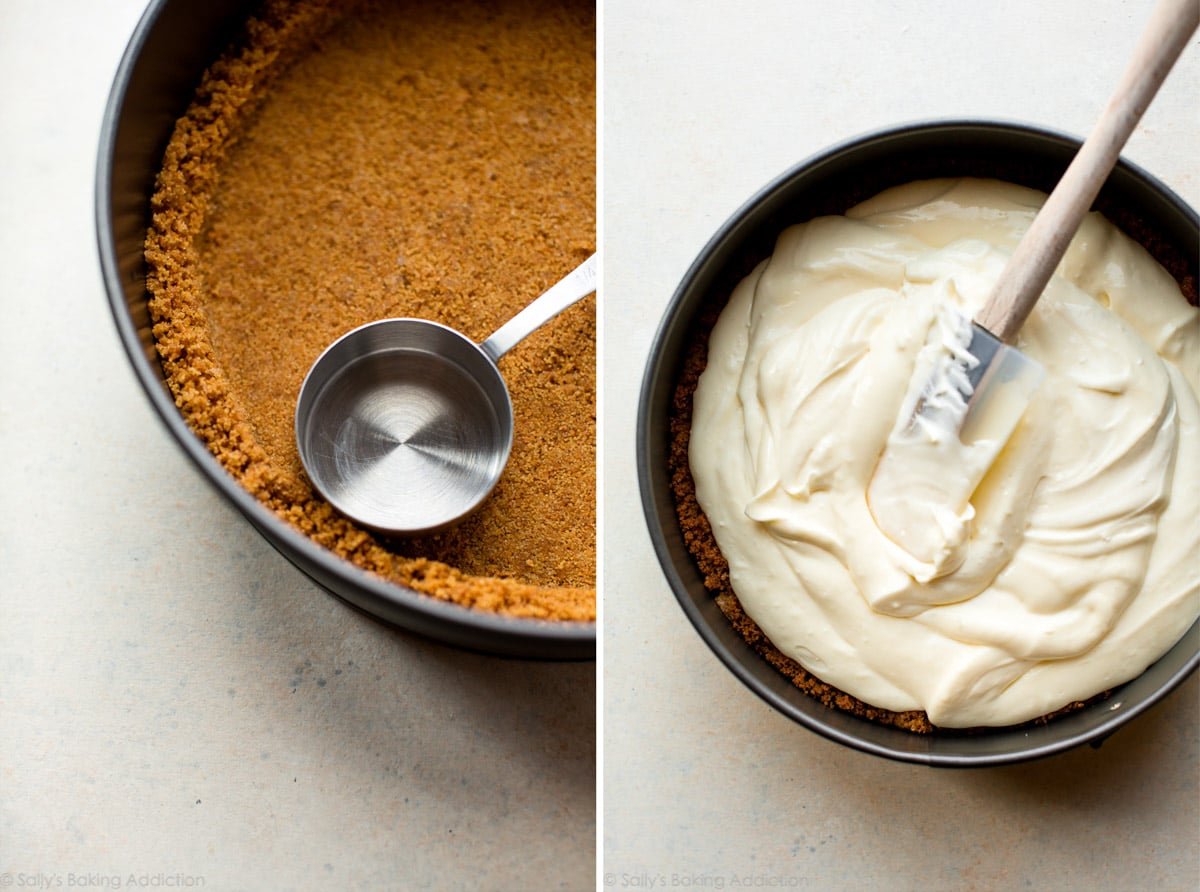 2 images of pressing graham cracker crust into springform pan and spreading filling on top of crust with a spatula.