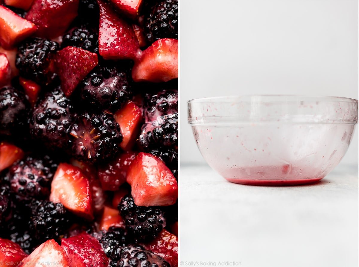 2 images of berries for berry slab pie and a glass bowl with berry juices leftover