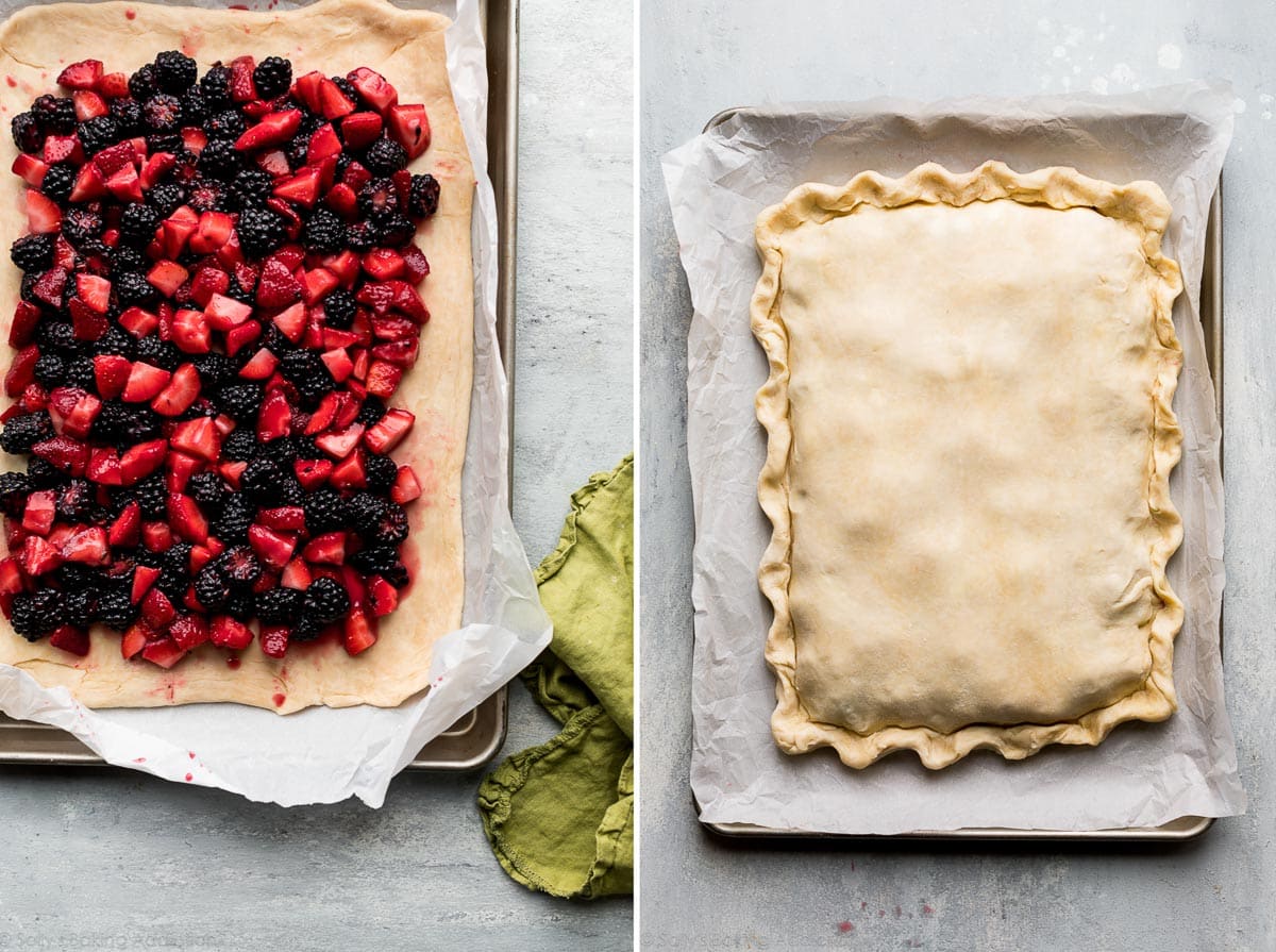 2 images of pie dough with berries on top and slab pie on baking sheet