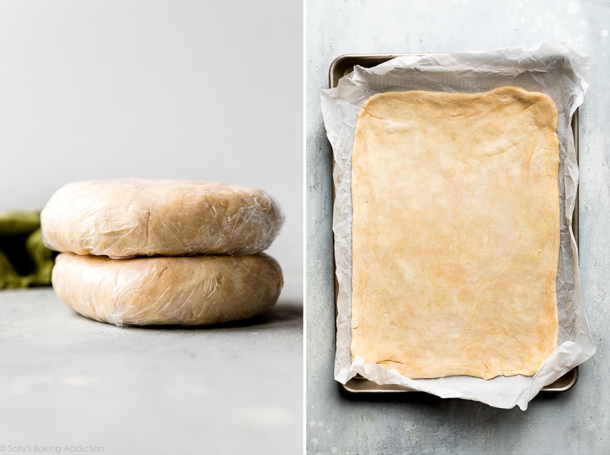 2 images of slab pie dough wrapped into discs and rolled on baking sheet