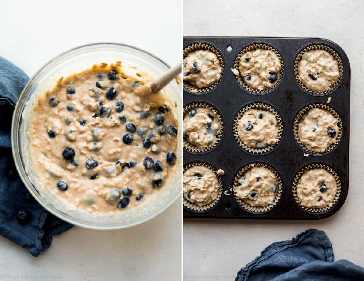 2 images of blueberry muffin batter in a glass bowl and in muffin pan before baking