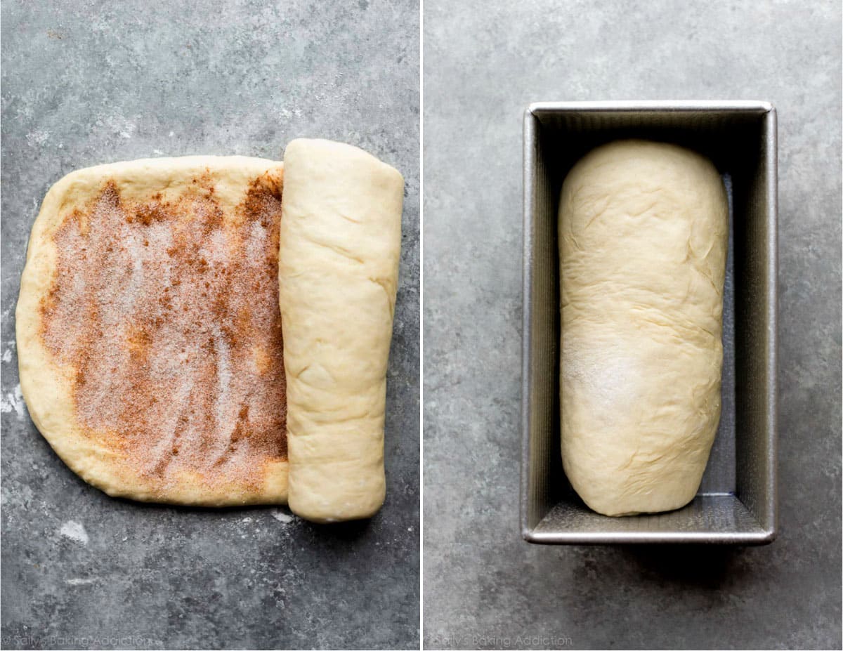 2 images of cinnamon swirl bread dough before rolling up and rolled up and placed in a loaf pan