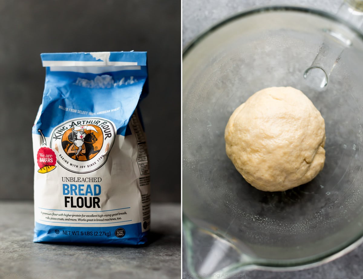 2 images of bread flour and bread dough in a glass bowl