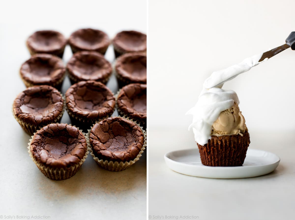 2 images of brownie cupcakes and adding meringue topping to baked Alaska cupcake