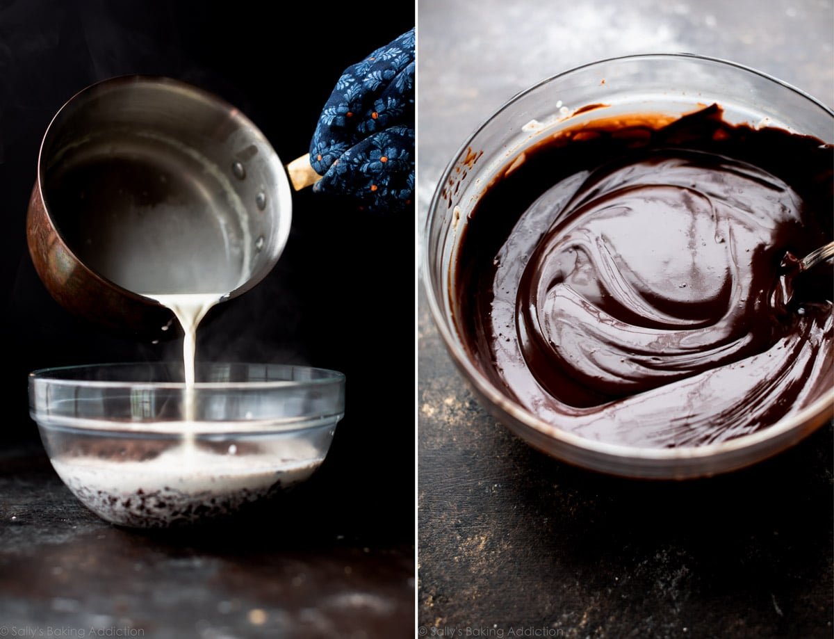 2 images of pouring hot heavy cream onto chocolate in a glass bowl and chocolate ganache in a glass bowl
