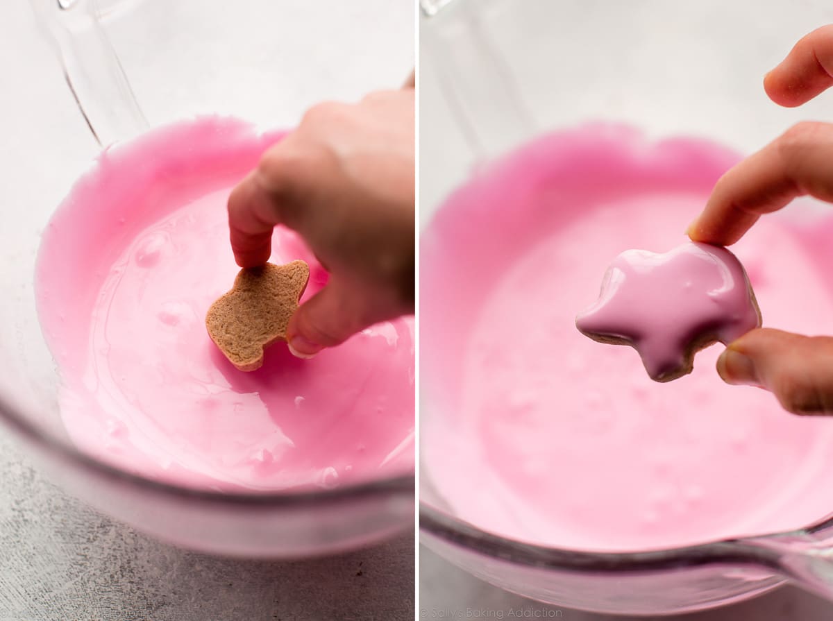 2 images of dipping animal cracker cookies into pink icing