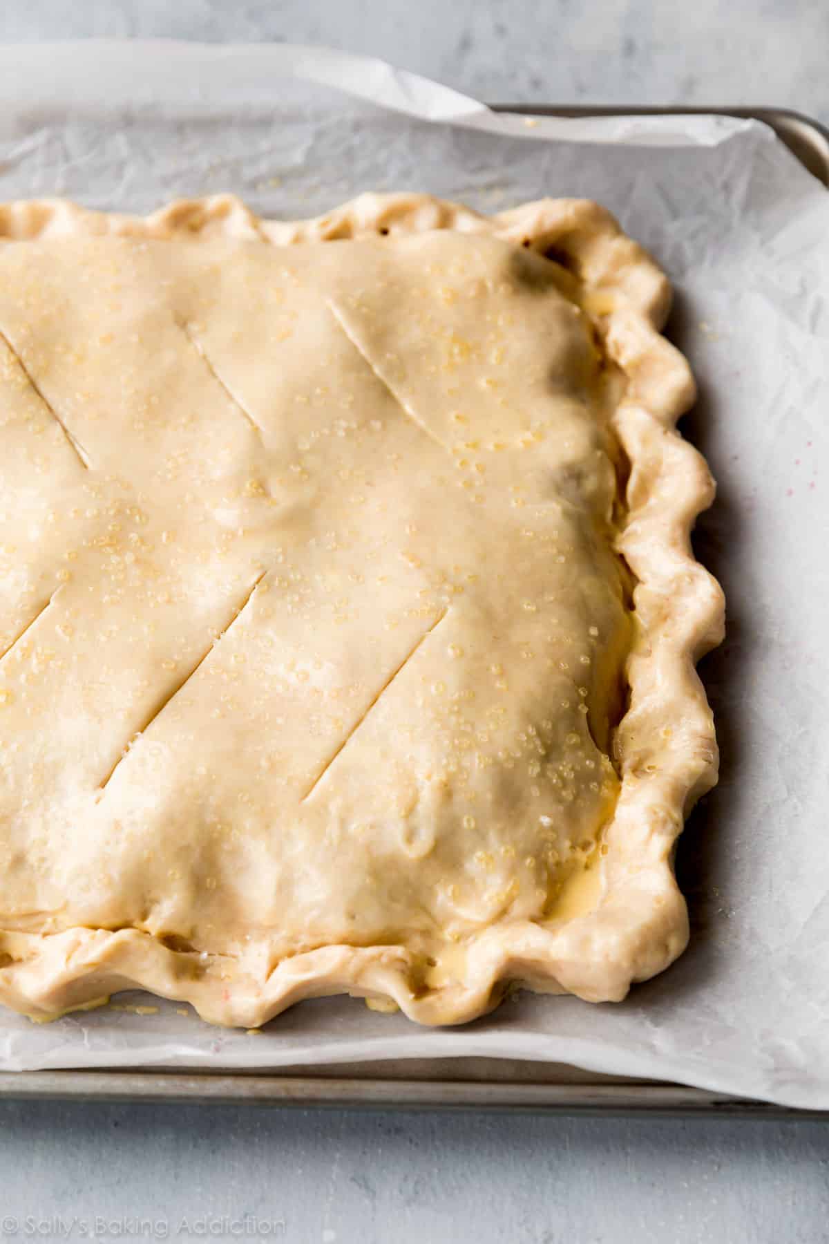 slab pie on baking sheet before baking