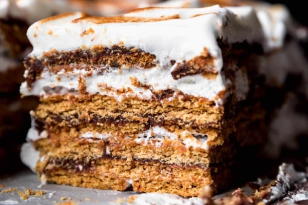 slice of no-bake s'mores cake