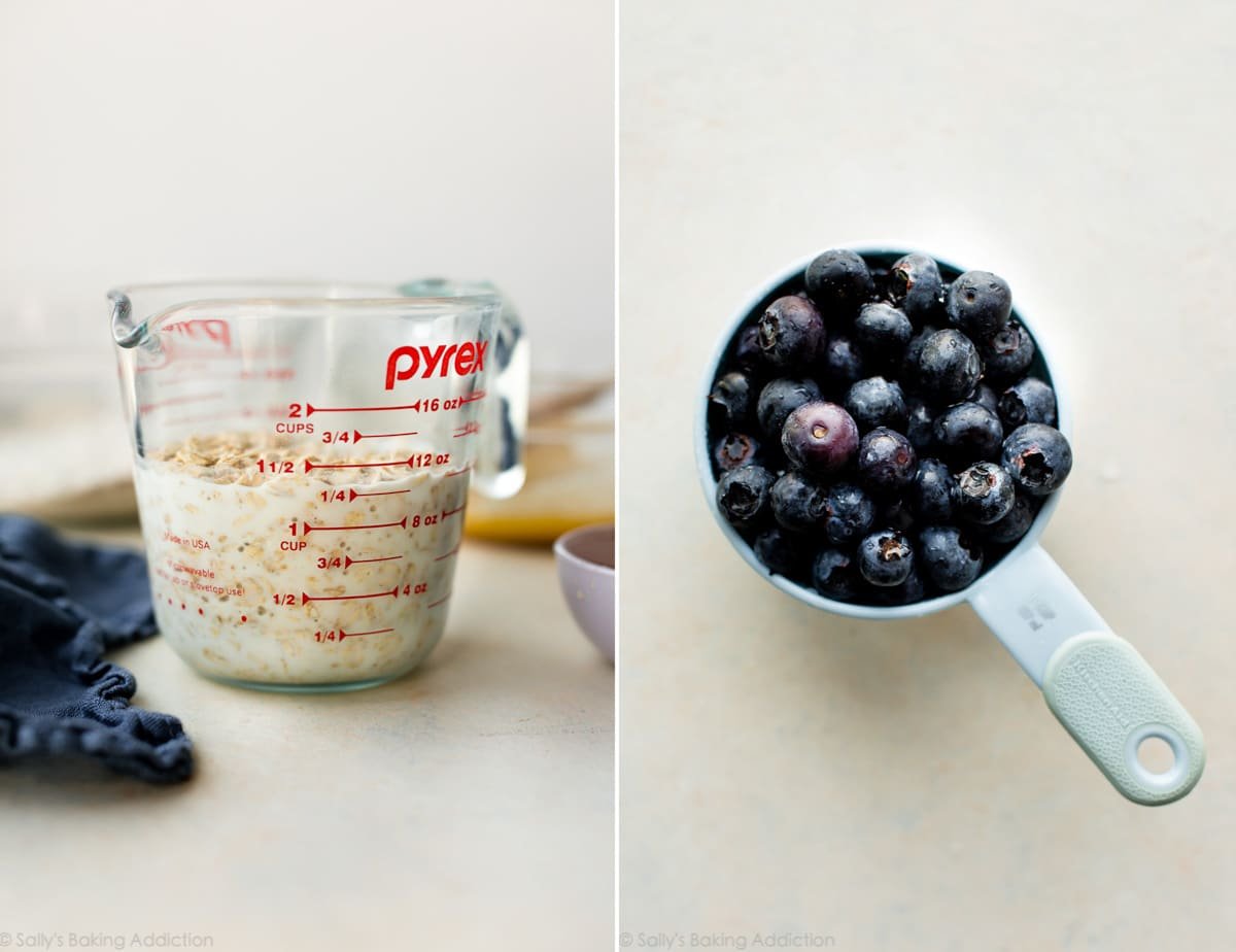 2 images of oats in a glass measuring cup and blueberries in a blue measuring cup