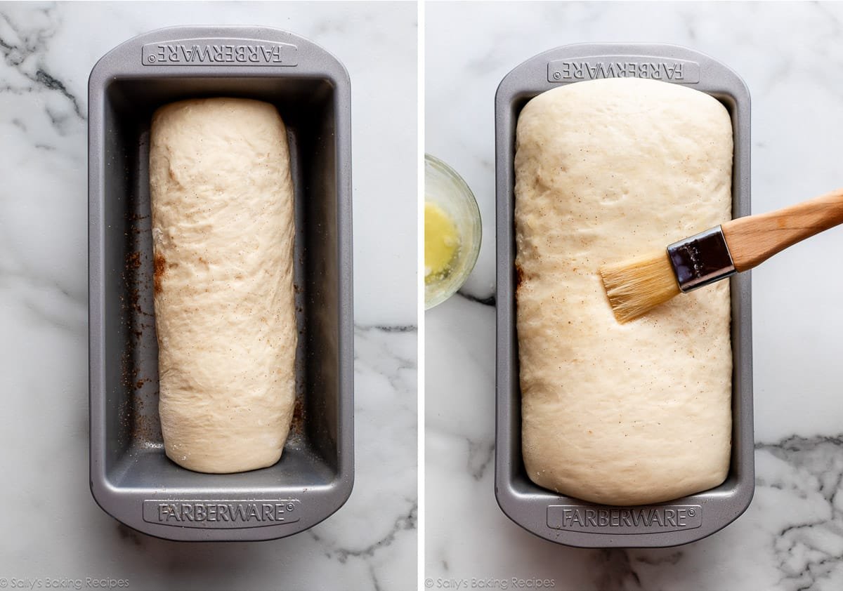 two pictures of dough shaped in loaves side-by-side with one risen in pan.