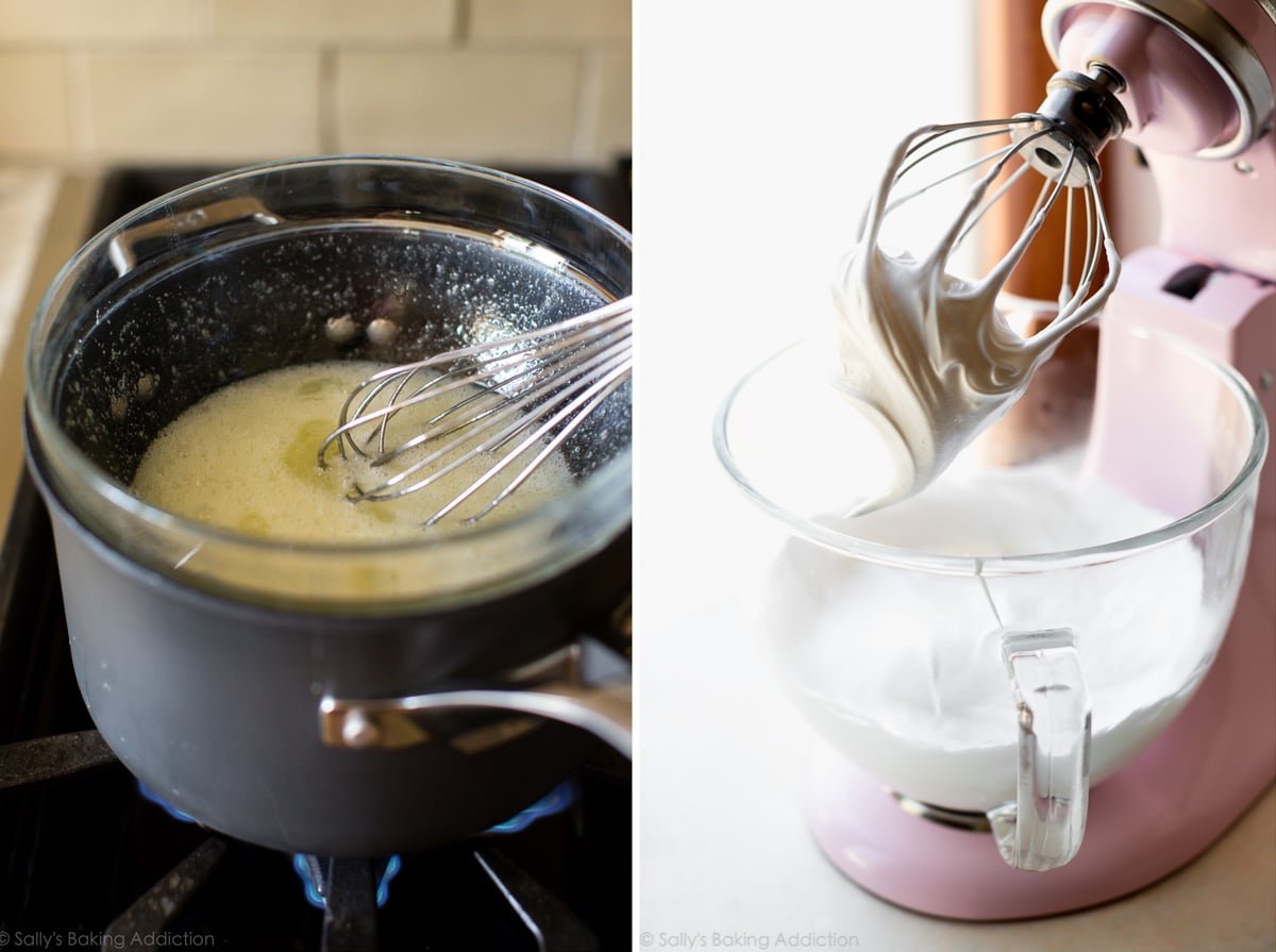 2 images of meringue topping on the stove and in a glass stand mixer bowl