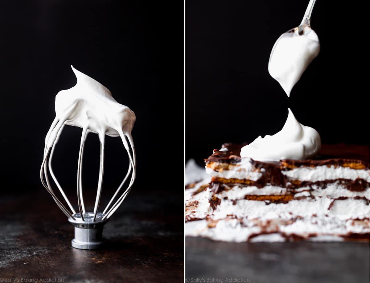 2 images of Swiss meringue topping on a whisk attachment and adding it to no bake smores cake