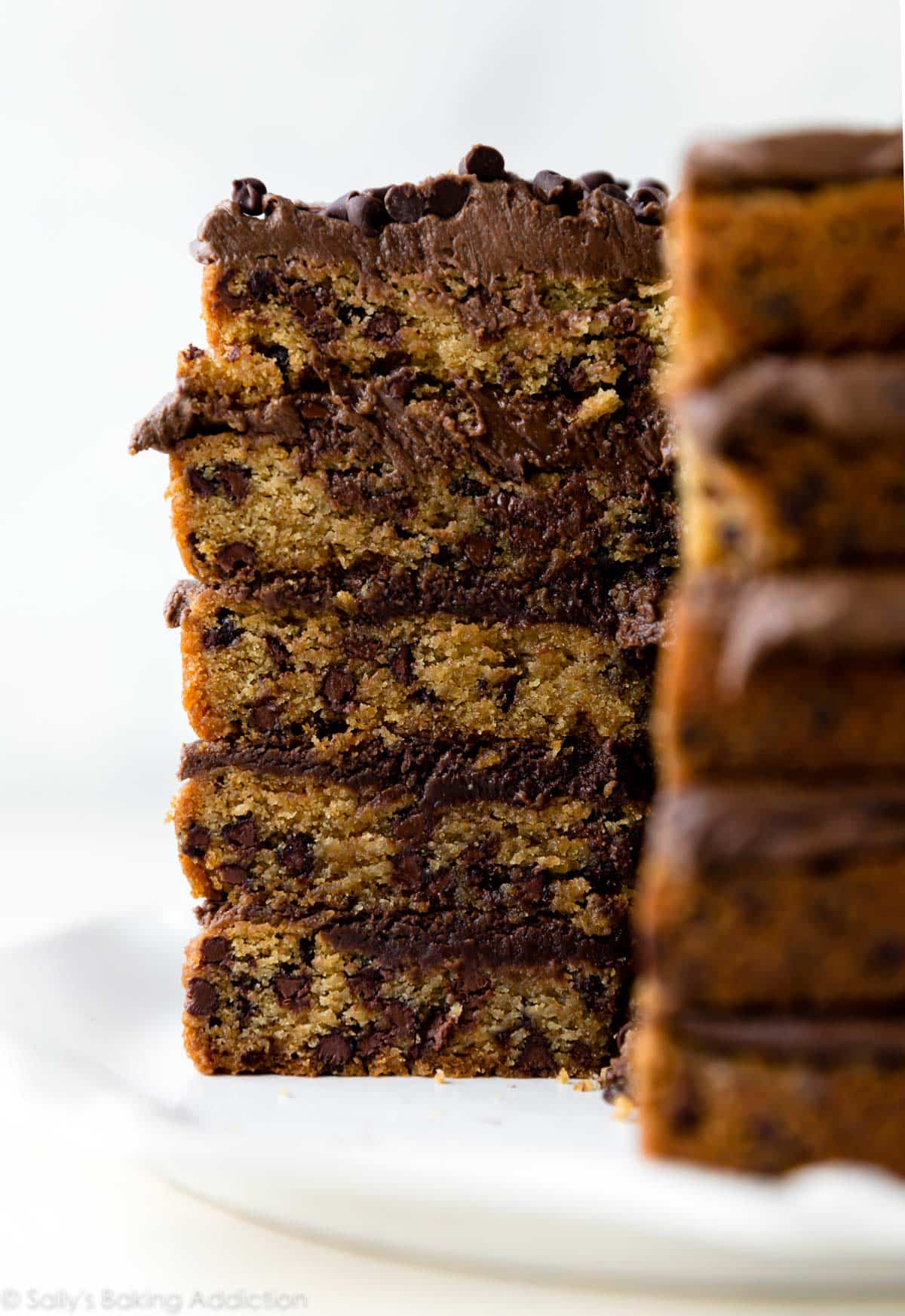 chocolate chip cookie layer cake showing the inside