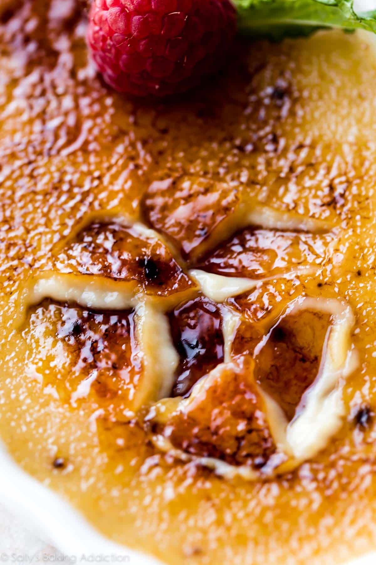 zoomed in image of burnt sugar topping on creme brulee
