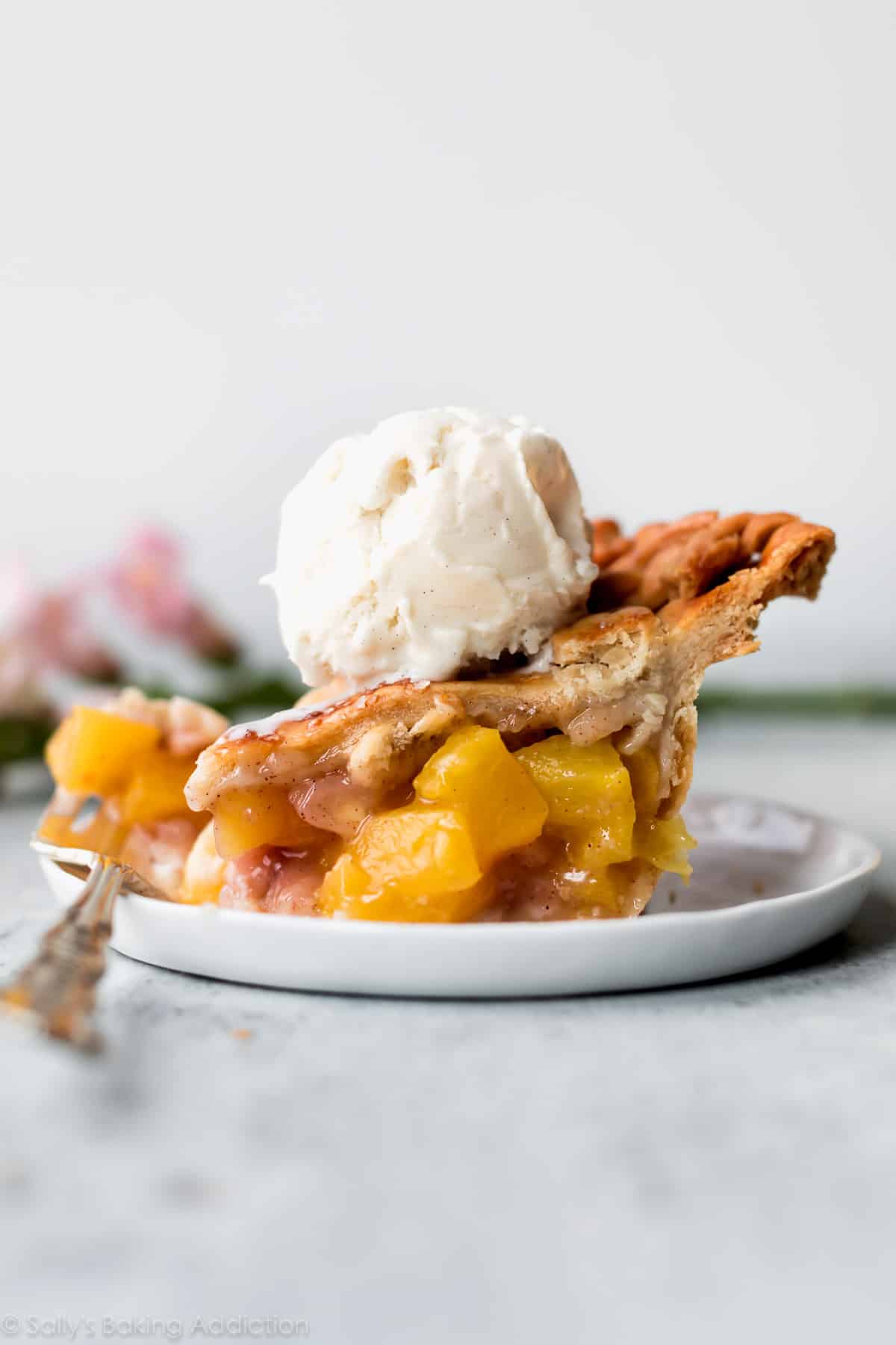 slice of peach pie with a scoop of vanilla ice cream on a white plate