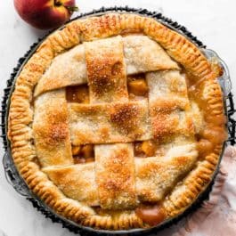 peach pie with lattice top.
