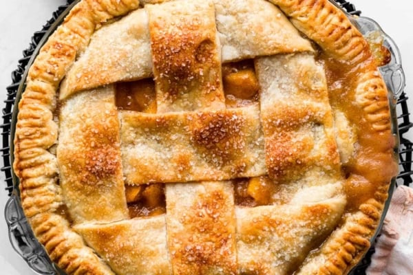 peach pie with lattice top.