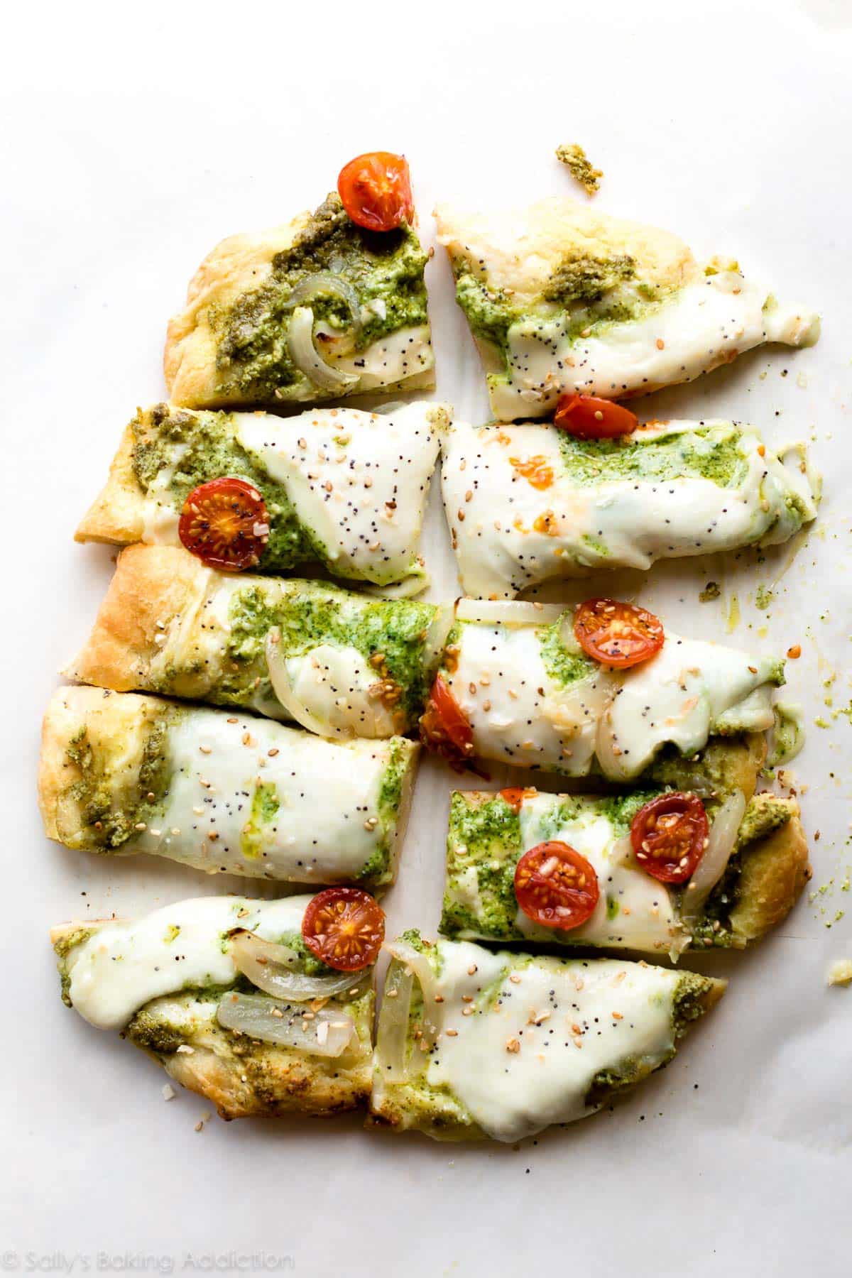 flatbread with pesto, tomatoes, and cheese