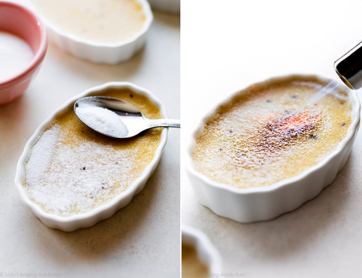 2 images of sugar on creme brulee and using a torch to create a burnt sugar topping
