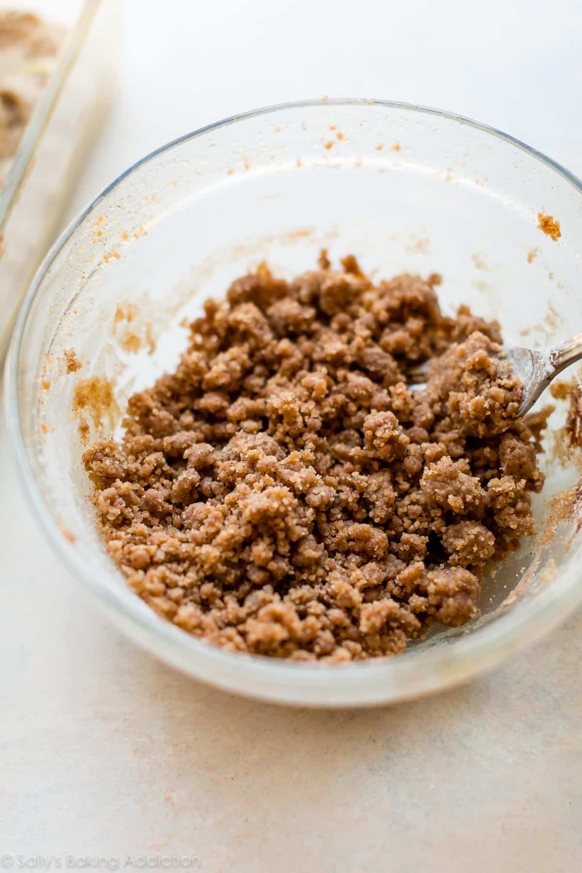 Crumb cake topping in a glass bowl